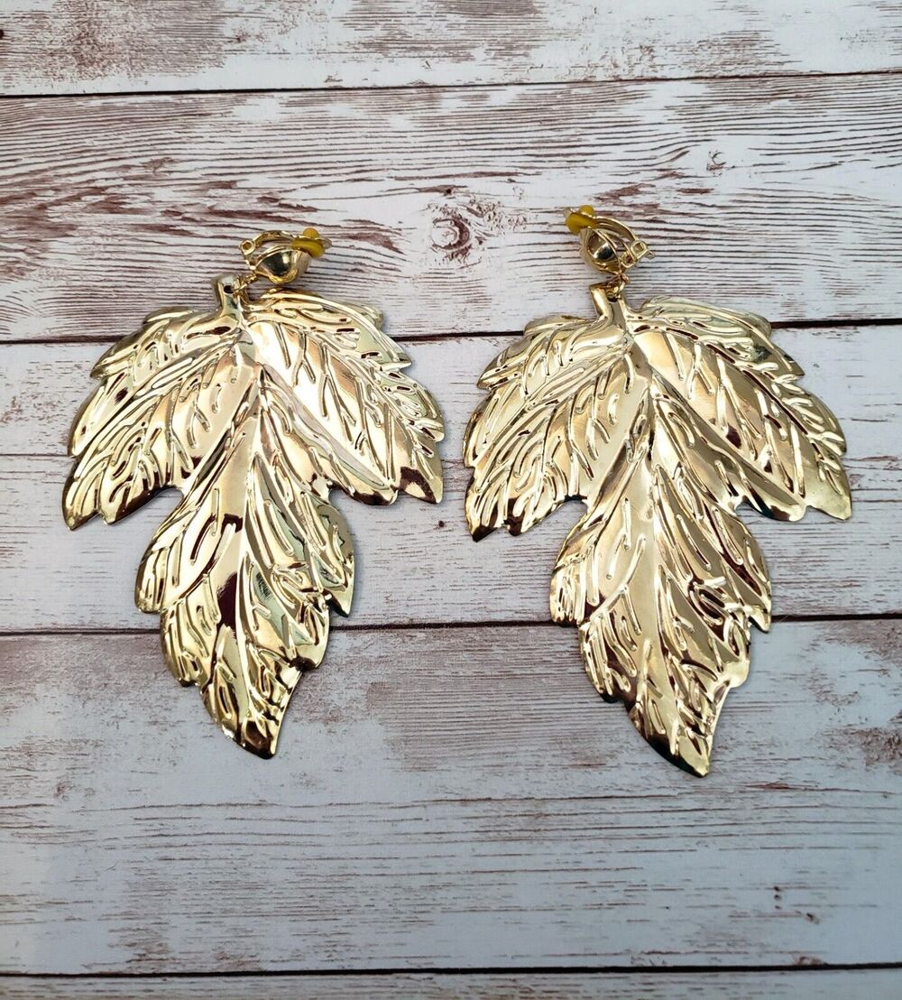 Vintage Clip On Earrings - Extra Large Gold Tone Leaf Dangle Statement 4.75"